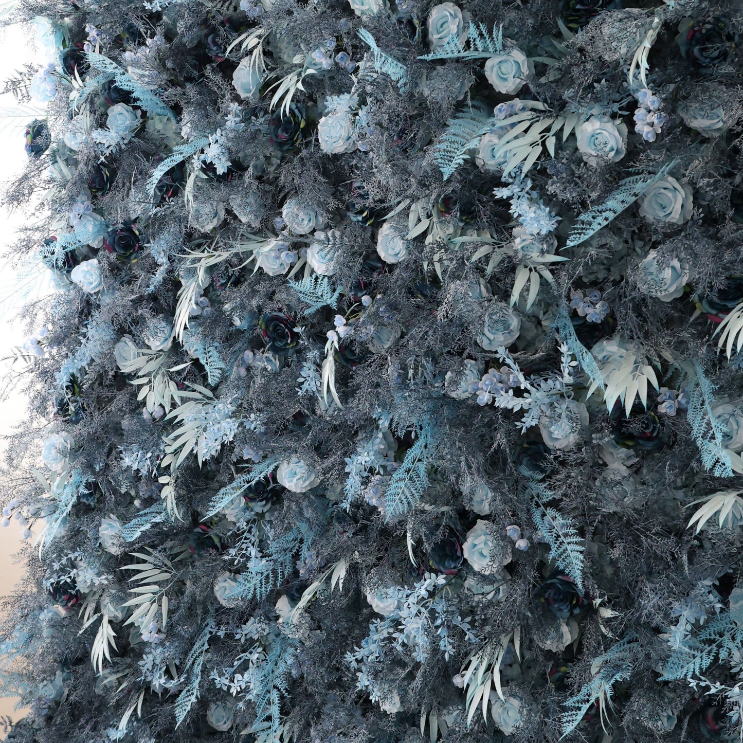 ValarFlowers dusty blue artificial rose flower wall backdrop with layered greenery for wedding ceremony and party event