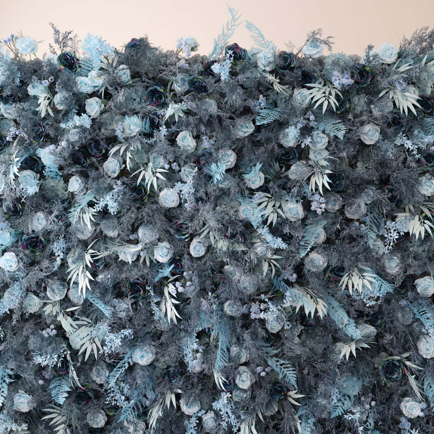 ValarFlowers dusty blue and silver artificial rose flower wall backdrop for elegant wedding venue and event decoration