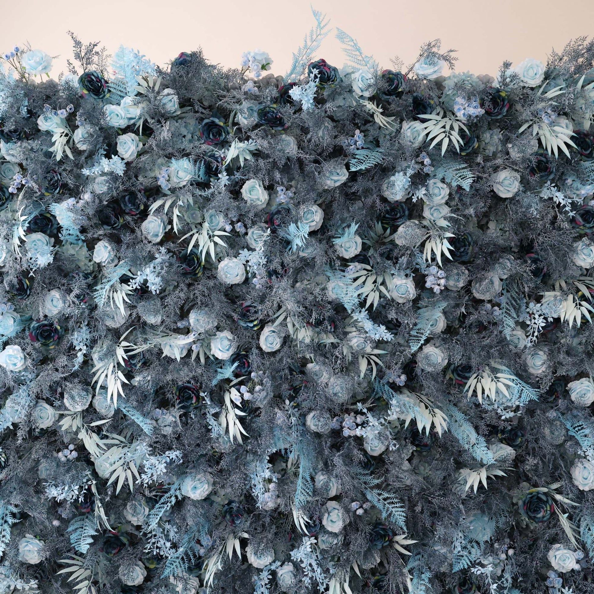ValarFlowers dusty blue and silver artificial rose flower wall backdrop for elegant wedding venue and event decoration