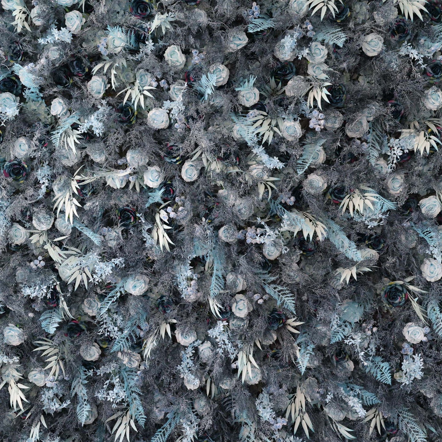 ValarFlowers dusty blue charcoal rose artificial flower wall backdrop with dense foliage for wedding event decor and photo booth