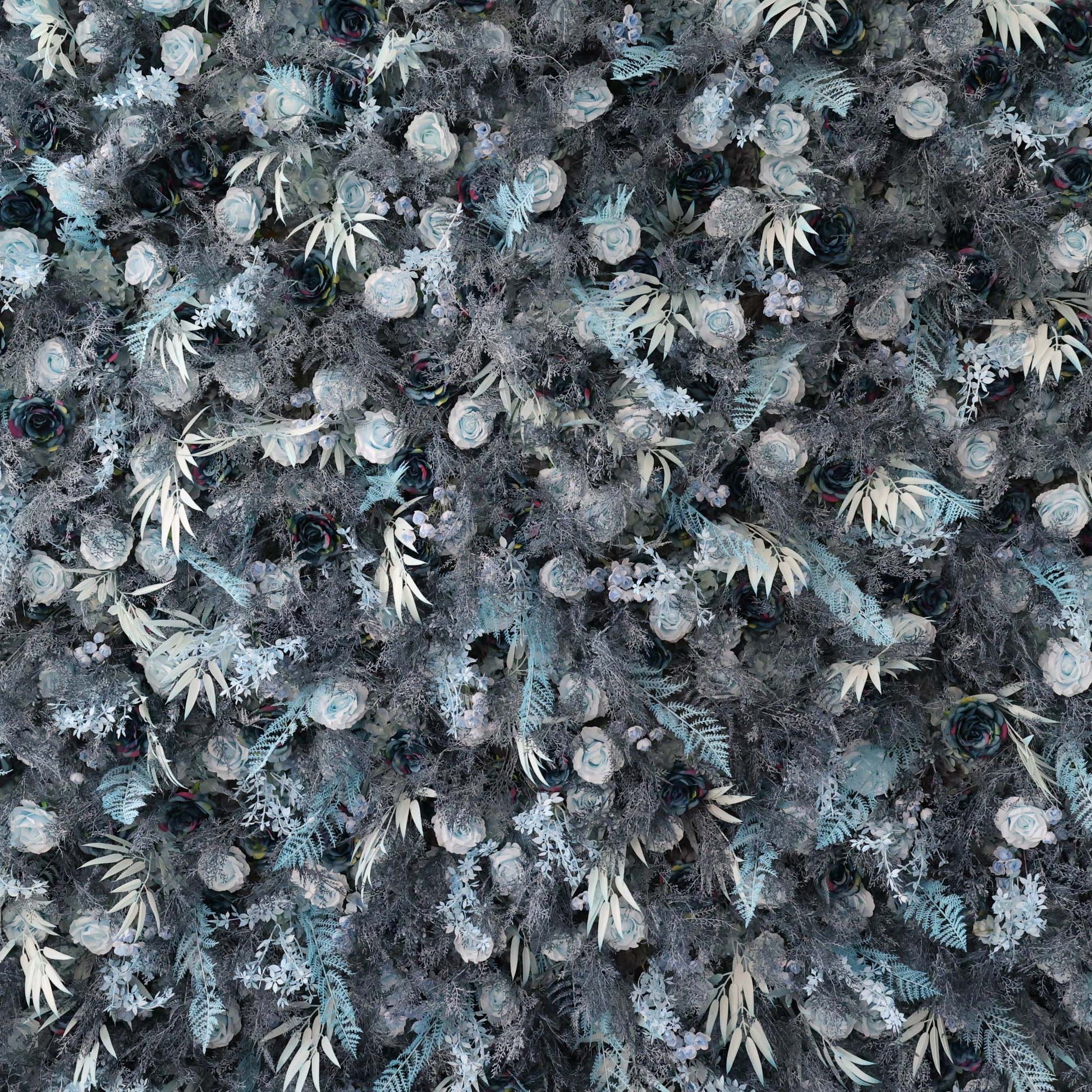ValarFlowers dusty blue charcoal rose artificial flower wall backdrop with dense foliage for wedding event decor and photo booth