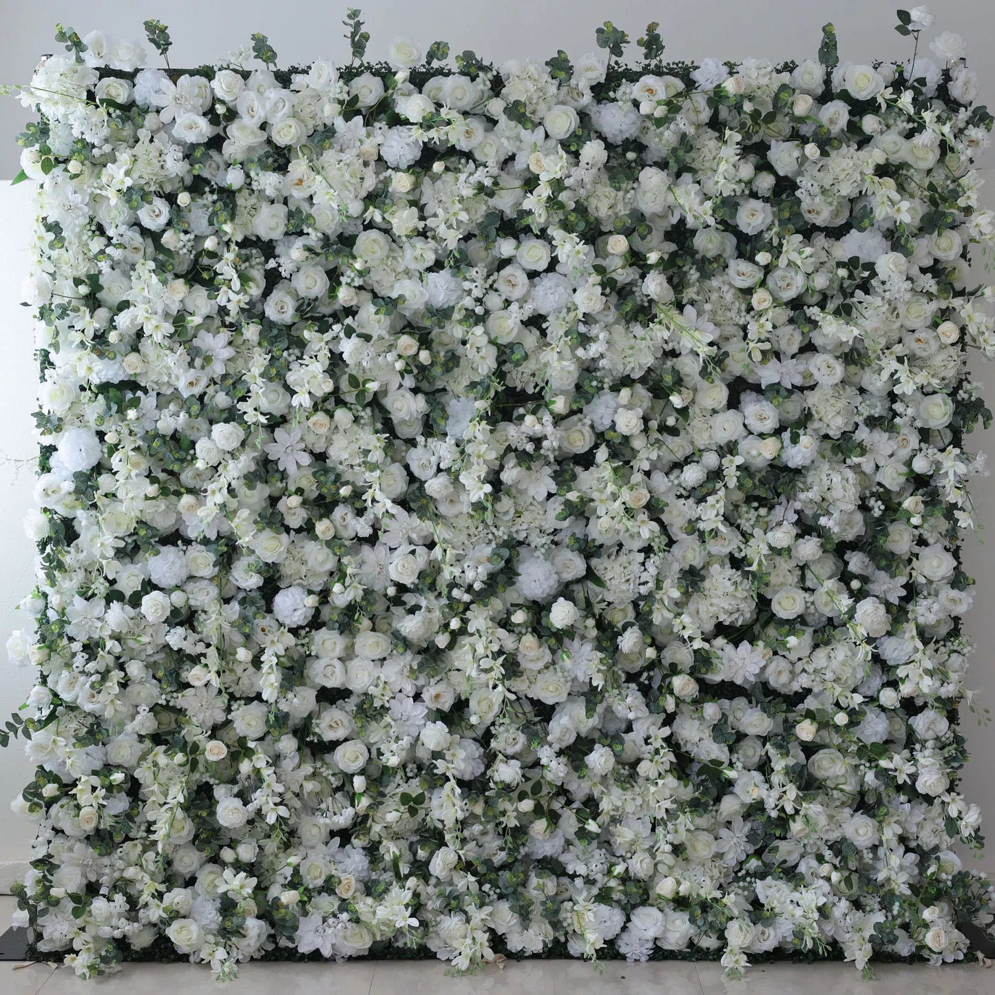 ValarFlowers ethereal white floral wall panel with soft green accents - luxury faux rose peony hydrangea backdrop for wedding events