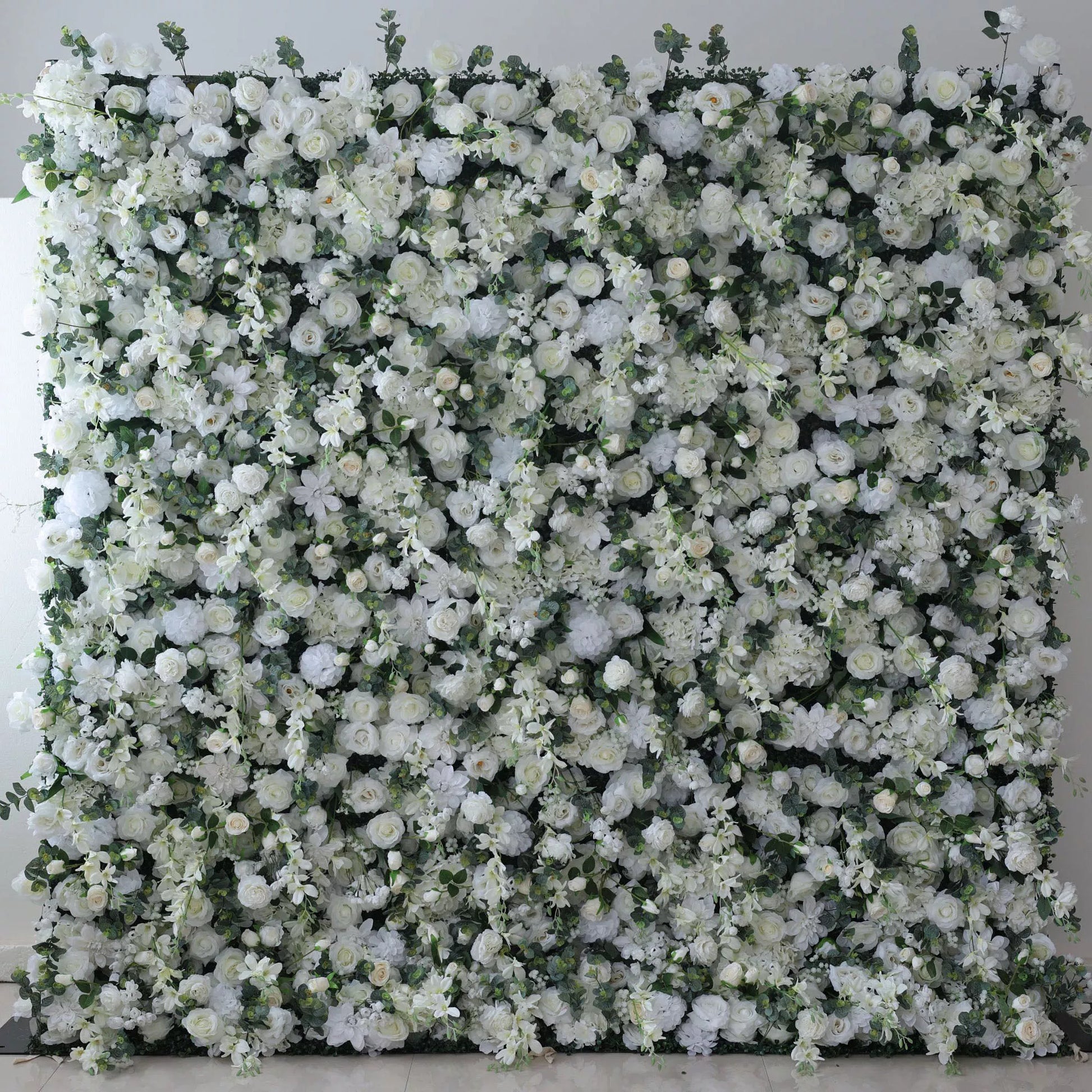 ValarFlowers ethereal white floral wall panel with soft green accents - luxury faux rose peony hydrangea backdrop for wedding events