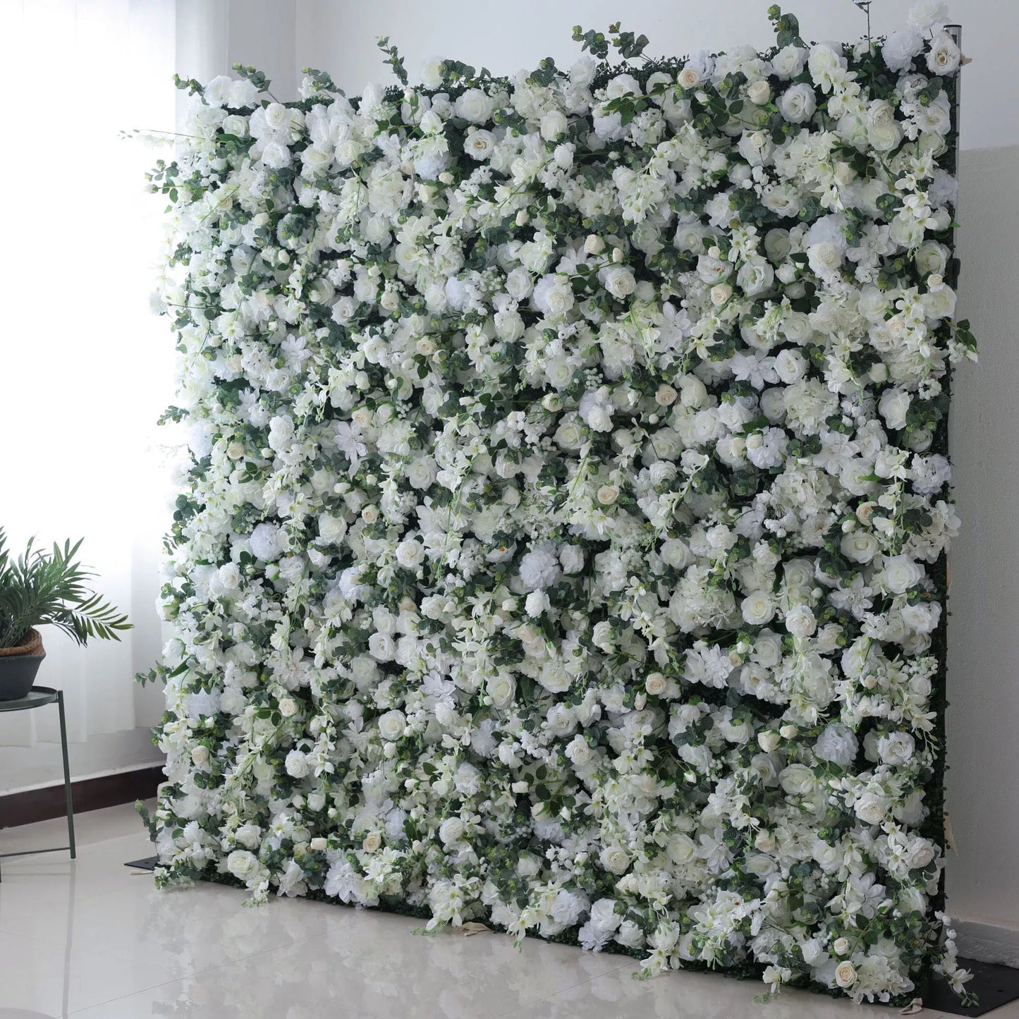 ValarFlowers elegant white rose & peony floral wall backdrop with lush greenery for wedding, party & event decor