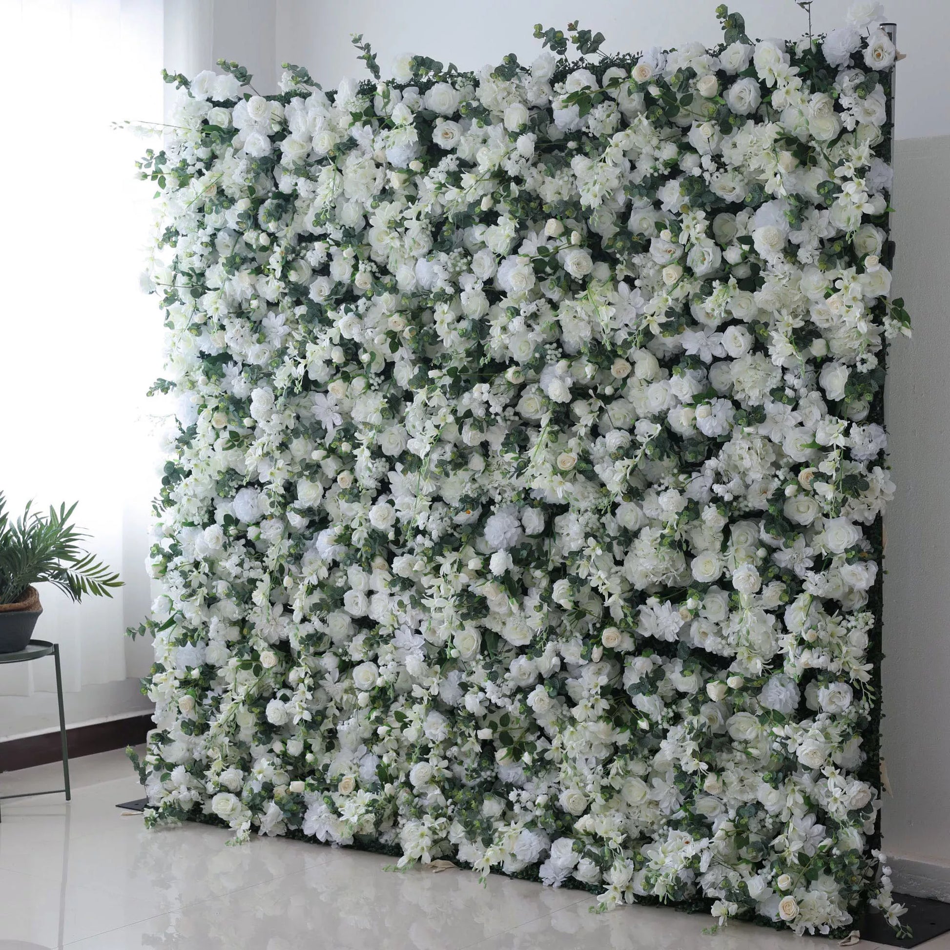 ValarFlowers elegant white rose & peony floral wall backdrop with lush greenery for wedding, party & event decor