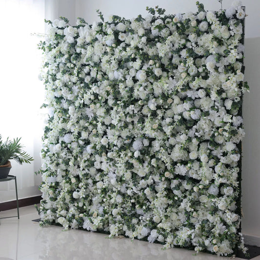 ValarFlowers elegant white rose & peony floral wall backdrop with lush greenery for wedding, party & event decor