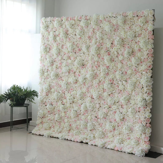 ValarFlowers artificial flower wall backdrop with white and pink roses, hydrangeas, greenery for wedding party photo booth decor