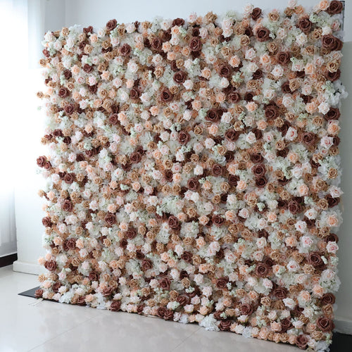 ValarFlowers Brown Khaki Roll Up Fabric Artificial Flower Wall Wedding Backdrop with Roses Peonies Hydrangeas for Party Photo Booth Decor