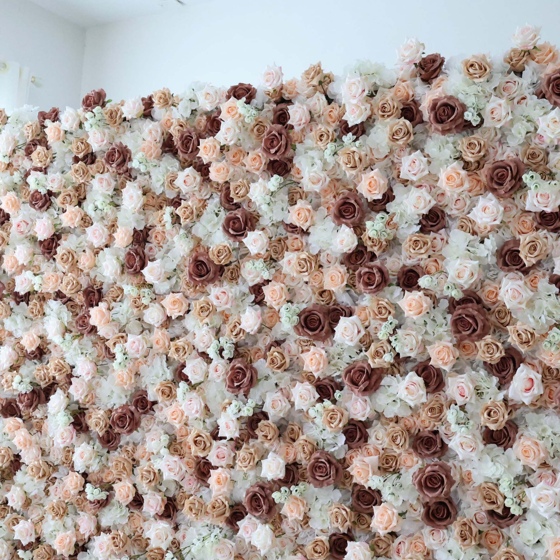 ValarFlowers brown khaki artificial flower wall backdrop with roses peonies hydrangeas for wedding party photo booth decor