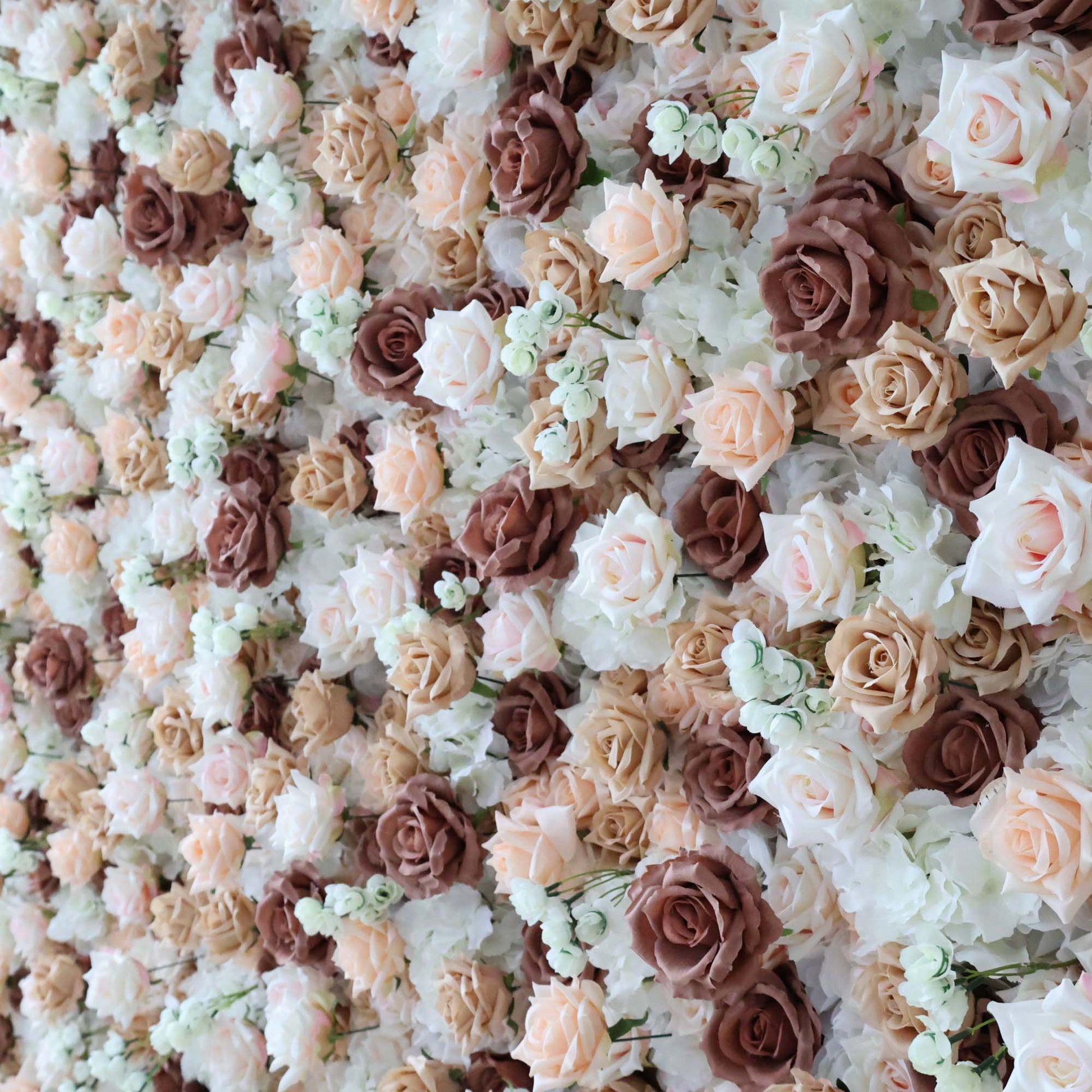 ValarFlowers brown khaki artificial flower wall backdrop with roses peonies hydrangeas and greenery for wedding event decor