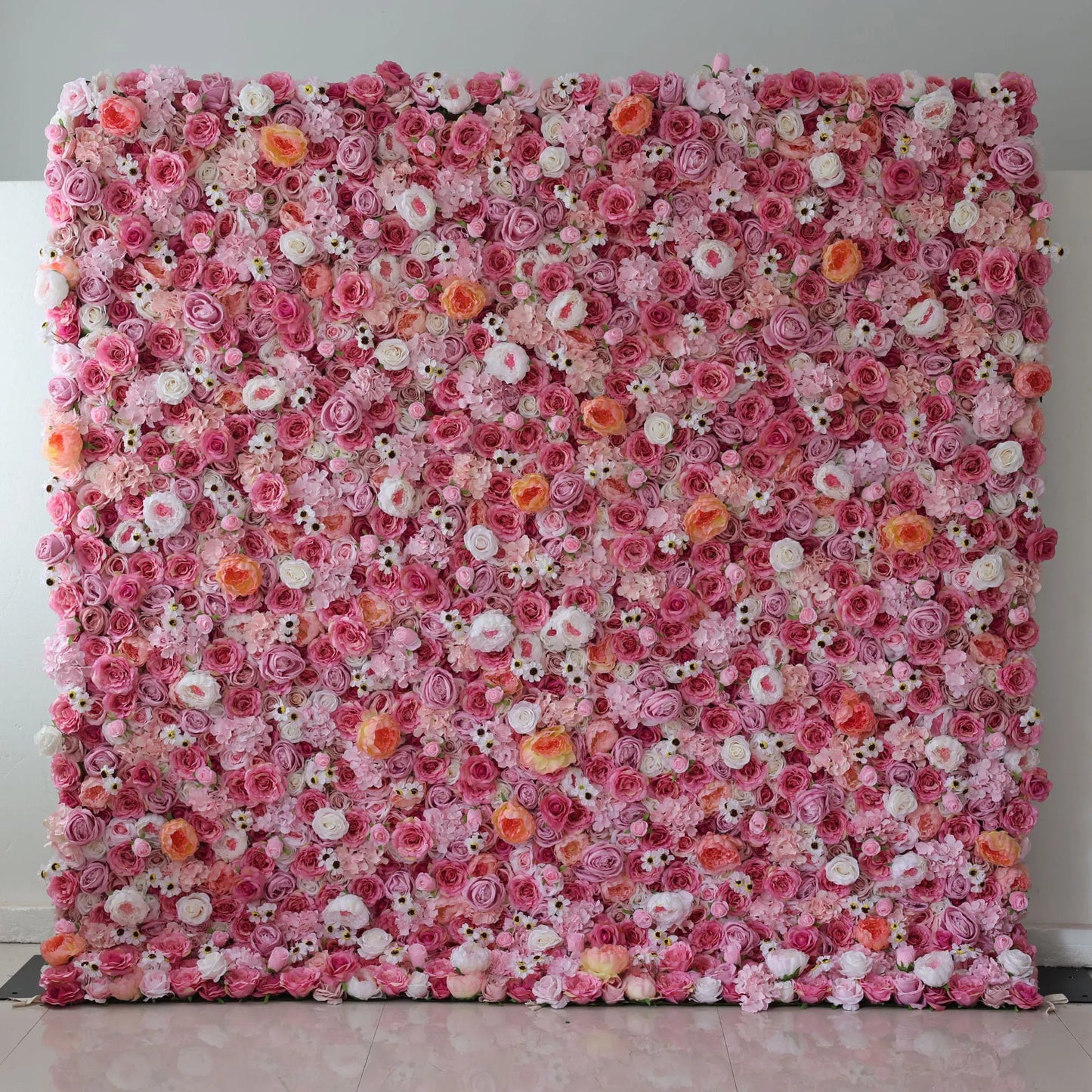 ValarFlowers artificial flower wall backdrop with lush roses peonies hydrangeas in pink ivory, dense floral panel for wedding ceremony decor