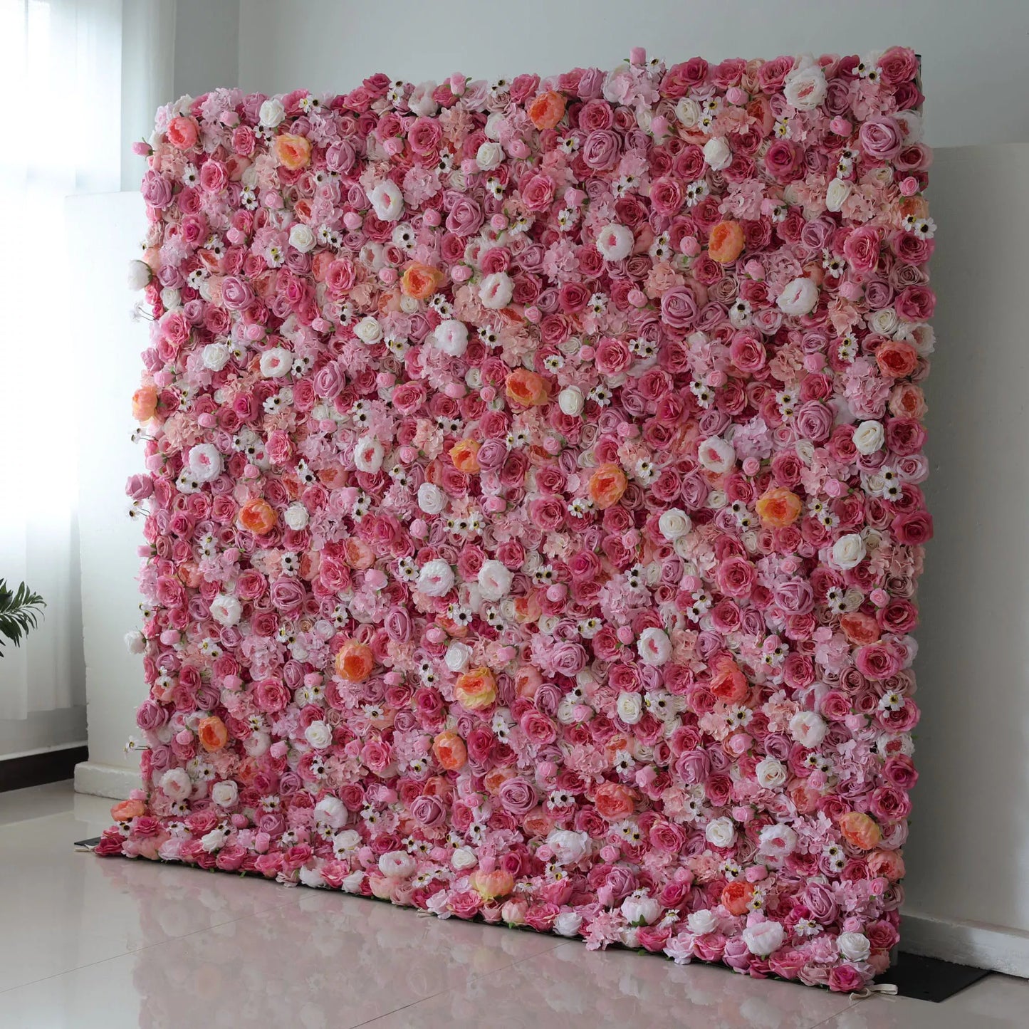 ValarFlowers artificial flower wall backdrop with lush pink roses peonies hydrangeas greenery for wedding ceremony photo booth event decor