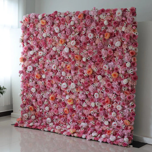 ValarFlowers artificial flower wall backdrop with lush pink roses peonies hydrangeas greenery for wedding ceremony photo booth event decor