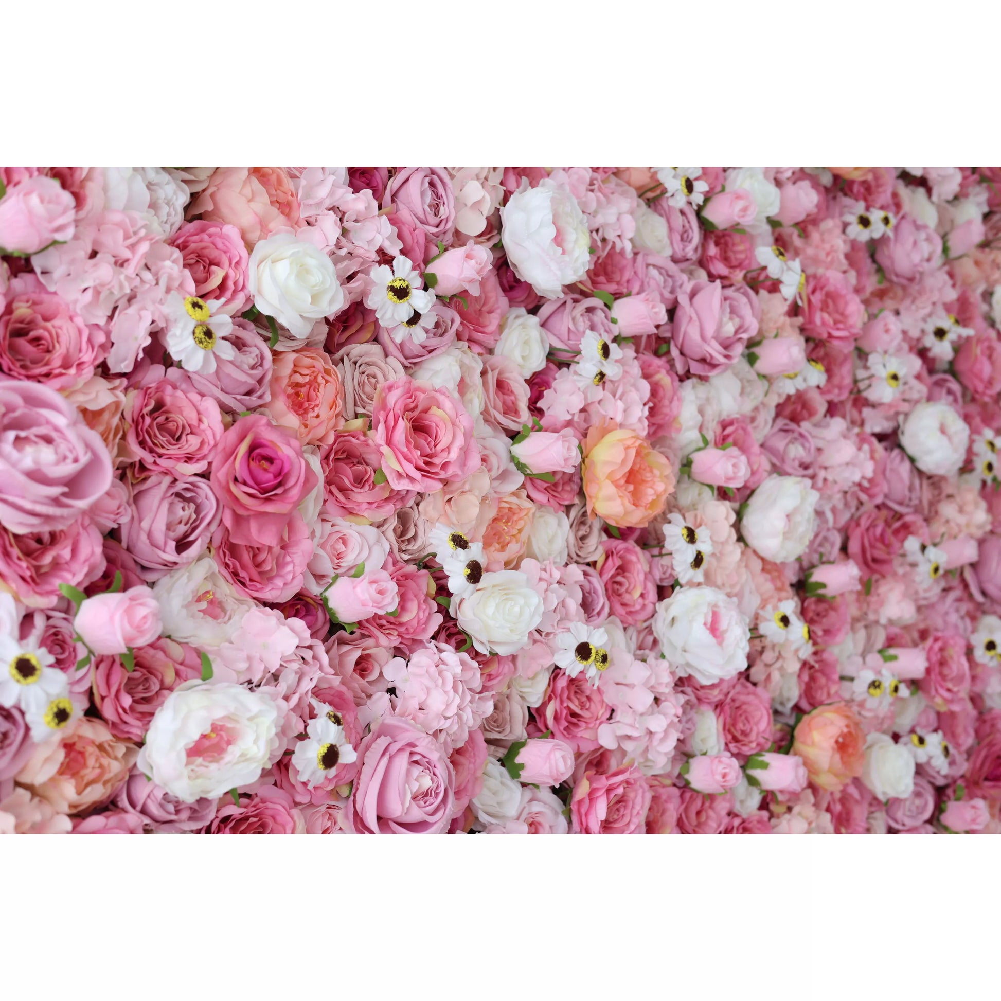 ValarFlowers artificial flower wall with lush roses, peonies, hydrangeas and greenery for wedding ceremony and photo booth backdrop