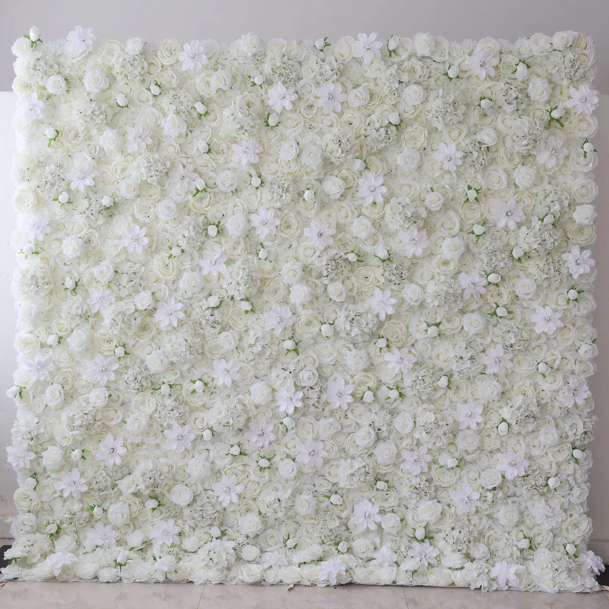 This flower wall is a lush, all - white display. It blends roses, delicate blooms, and textured foliage, creating a soft, elegant texture. Ideal for weddings or events, the monochromatic design exudes romance and sophistication, offering a dreamy backdrop for photos and decor. 