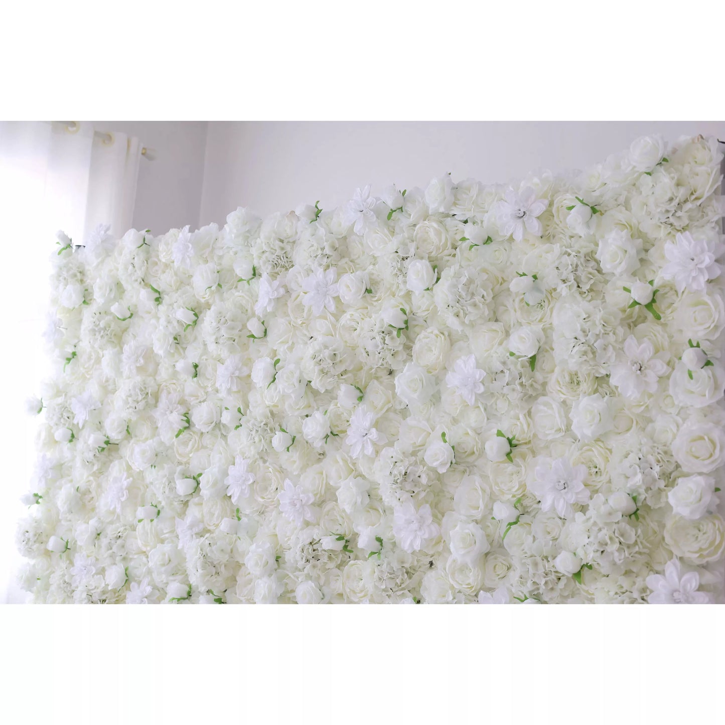 This flower wall is a lush, all - white masterpiece. It combines roses, delicate blossoms, and textured greenery, creating a soft, elegant texture. Perfect for weddings or events, the monochromatic design radiates romance and sophistication, serving as a dreamy backdrop for photos and decor. 