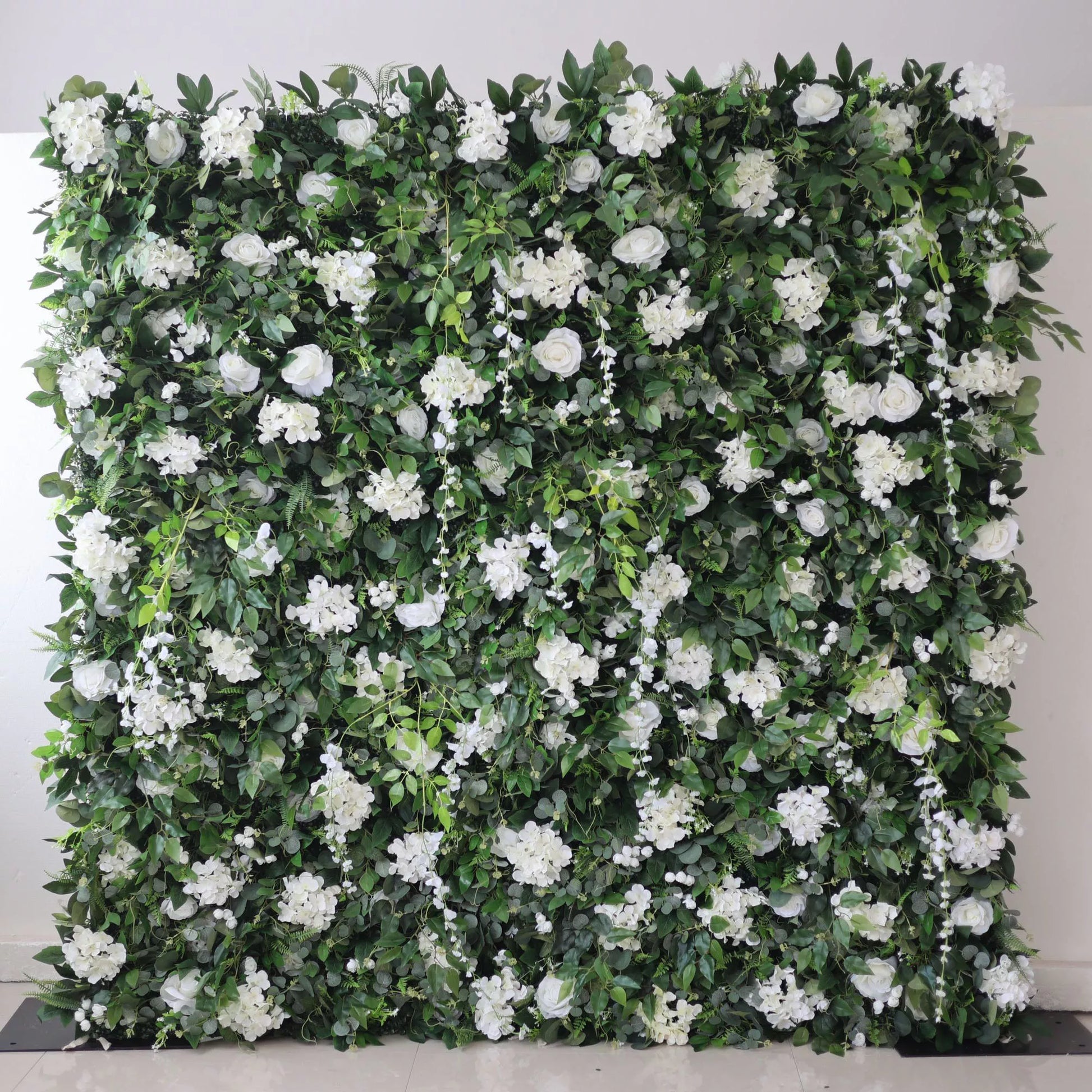 ValarFlowers roll-up fabric artificial white flower wall backdrop with roses peonies hydrangeas and greenery for wedding event decor