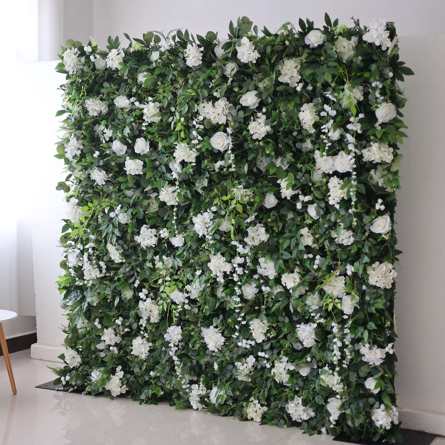 ValarFlowers white rose and peony floral wall backdrop with lush greenery for wedding, party, photo booth decor