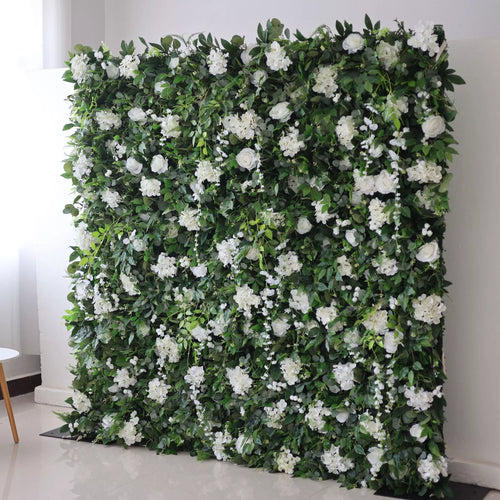 ValarFlowers white rose and peony floral wall backdrop with lush greenery for wedding, party, photo booth decor