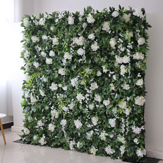 ValarFlowers white rose and peony floral wall backdrop with lush greenery for wedding, party, photo booth decor