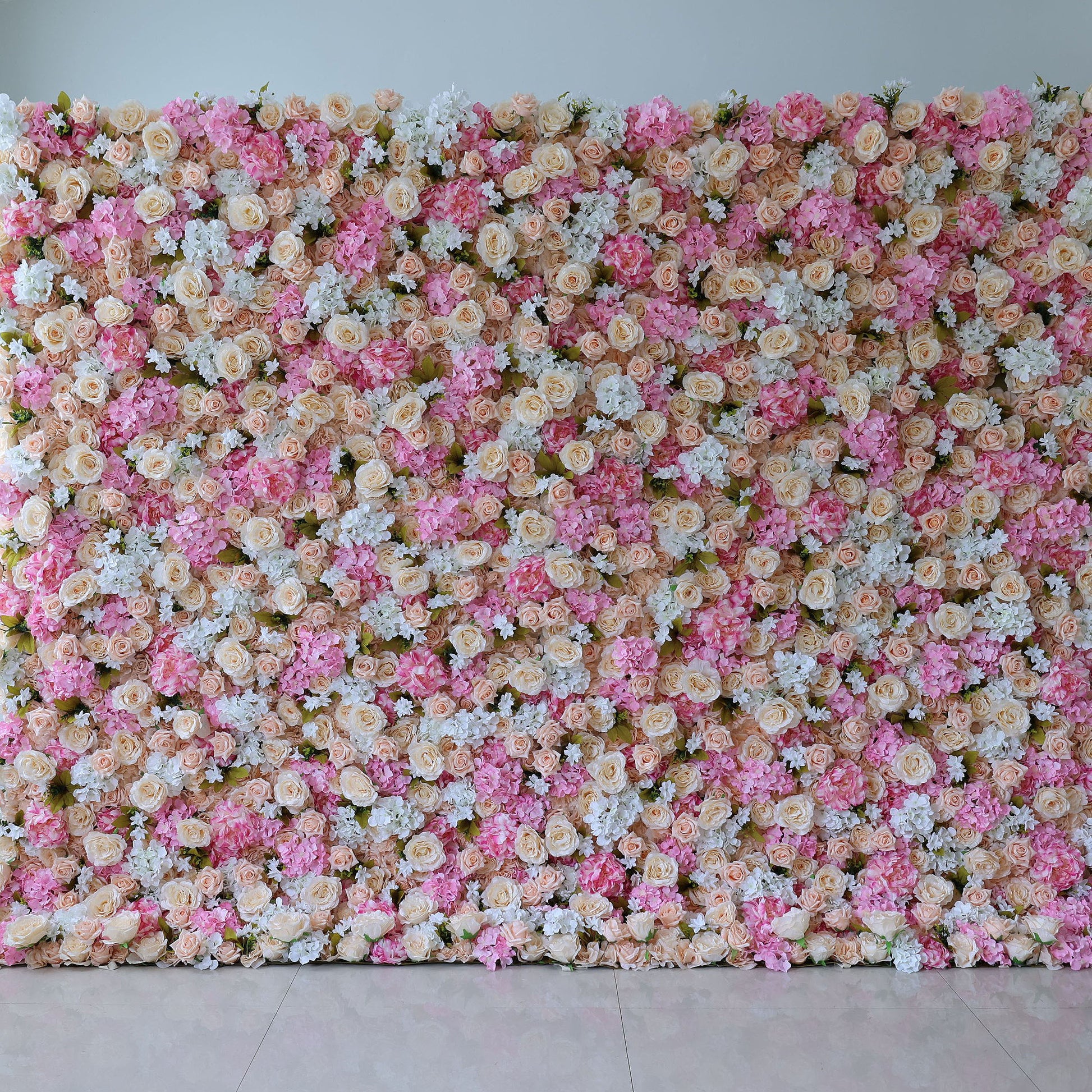 ValarFlowers silk flower backdrop with lush roses peonies hydrangeas in blush pink ivory for wedding party photo booth decor