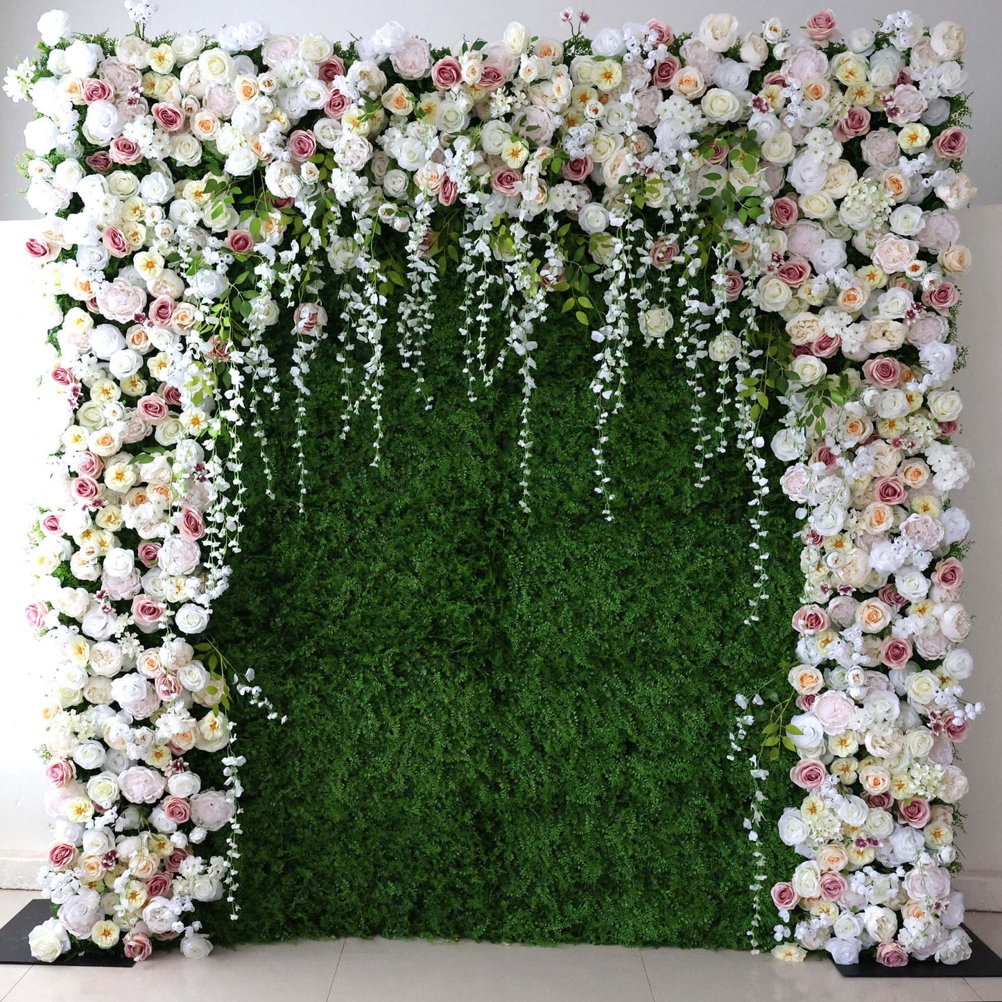 ValarFlowers white pink cream artificial rose flower wall backdrop with greenery for wedding ceremony event decor