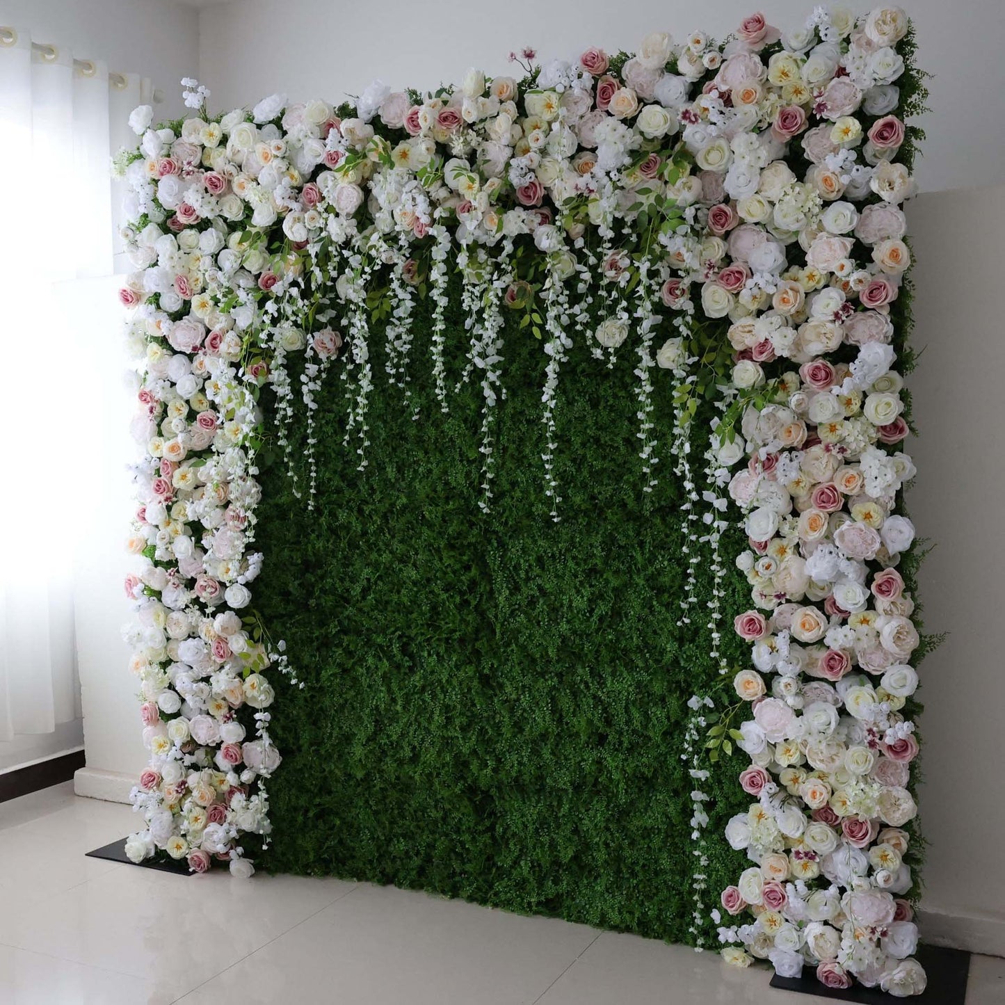 ValarFlowers white pink artificial rose flower wall backdrop with green foliage for wedding reception and party decoration