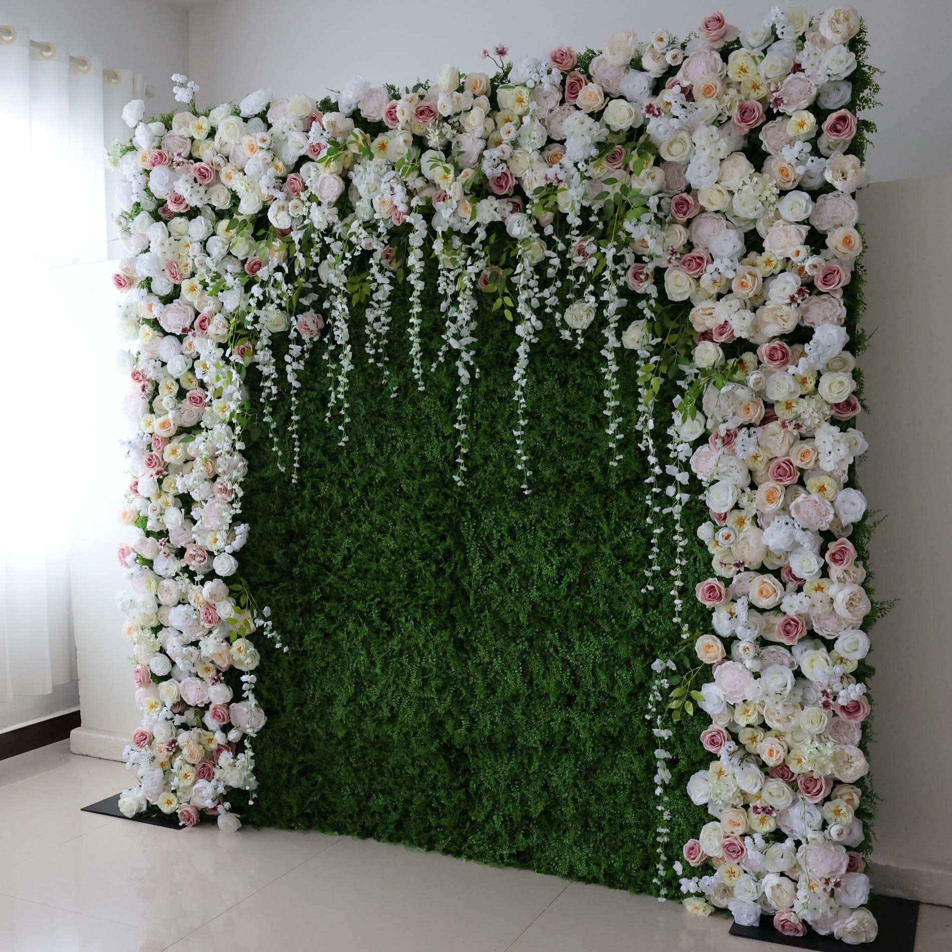 ValarFlowers white pink artificial rose flower wall backdrop with green foliage for wedding reception and party decoration