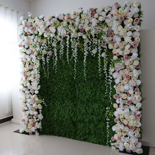 ValarFlowers white pink artificial rose flower wall backdrop with green foliage for wedding reception and party decoration