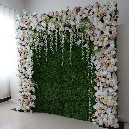 ValarFlowers white pink artificial rose flower wall backdrop with green foliage for wedding reception and party decoration