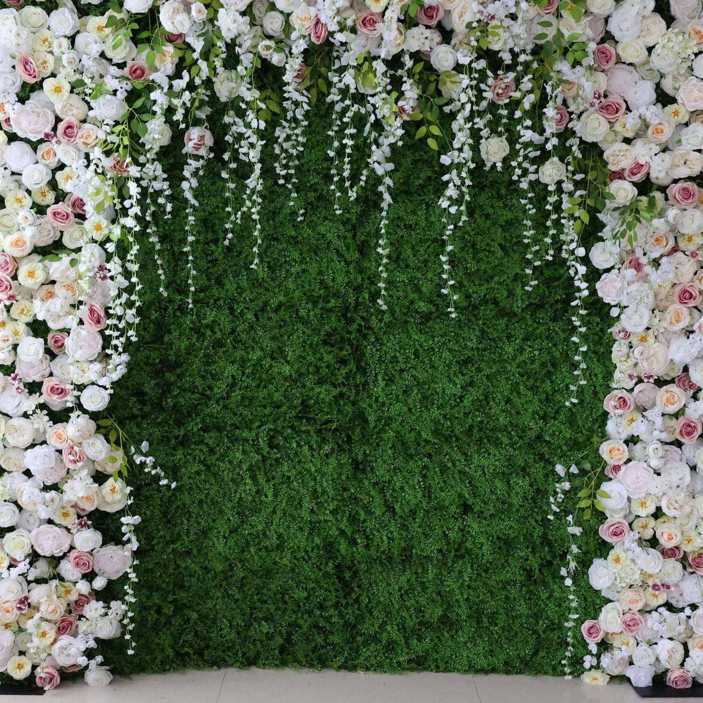 ValarFlowers white pink rose flower wall backdrop with hanging wisteria greenery for wedding event and party decor