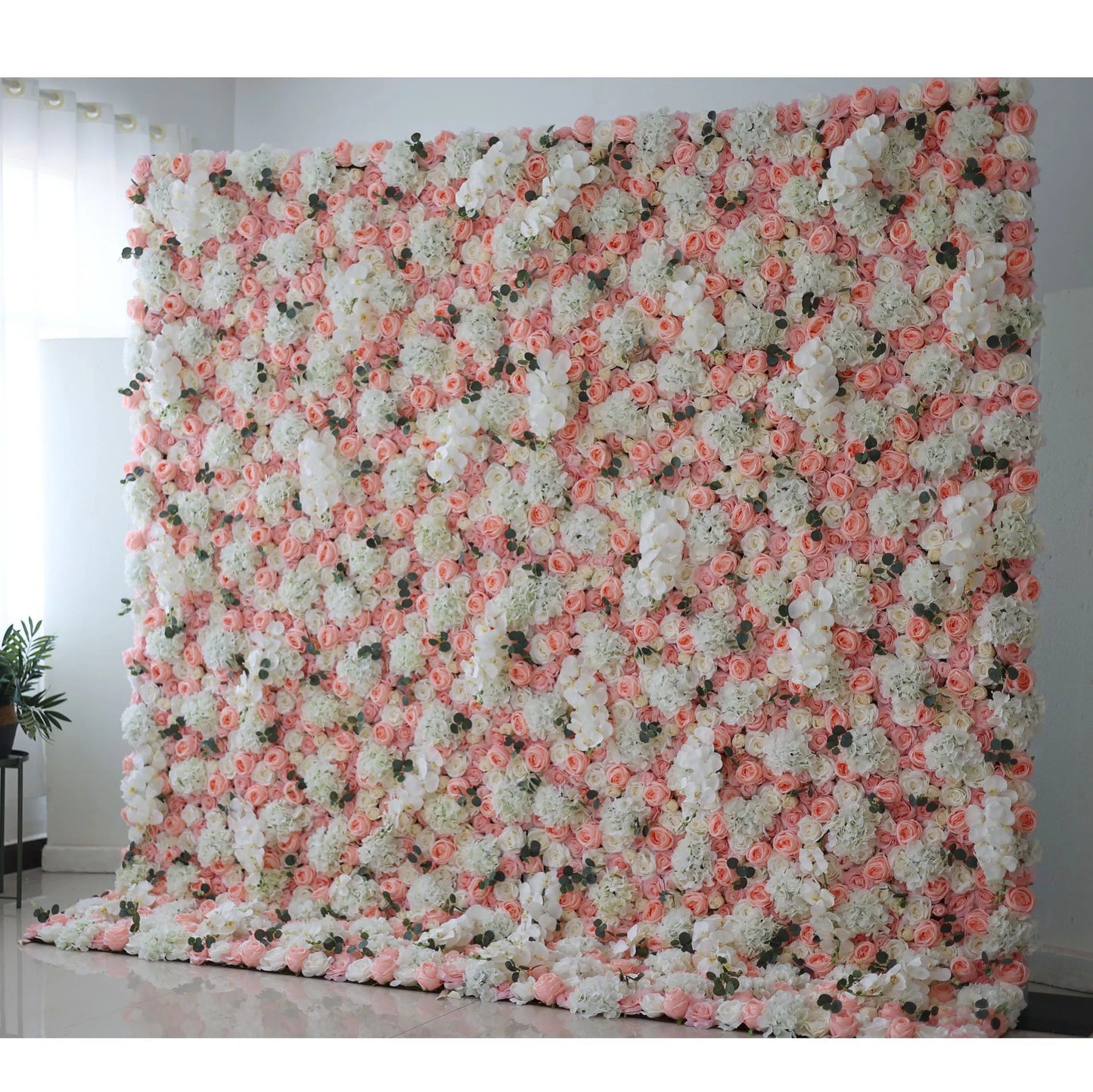 ValarFlowers artificial orchid and brandy rose flower wall with white roses, lush floral backdrop for wedding and event decor