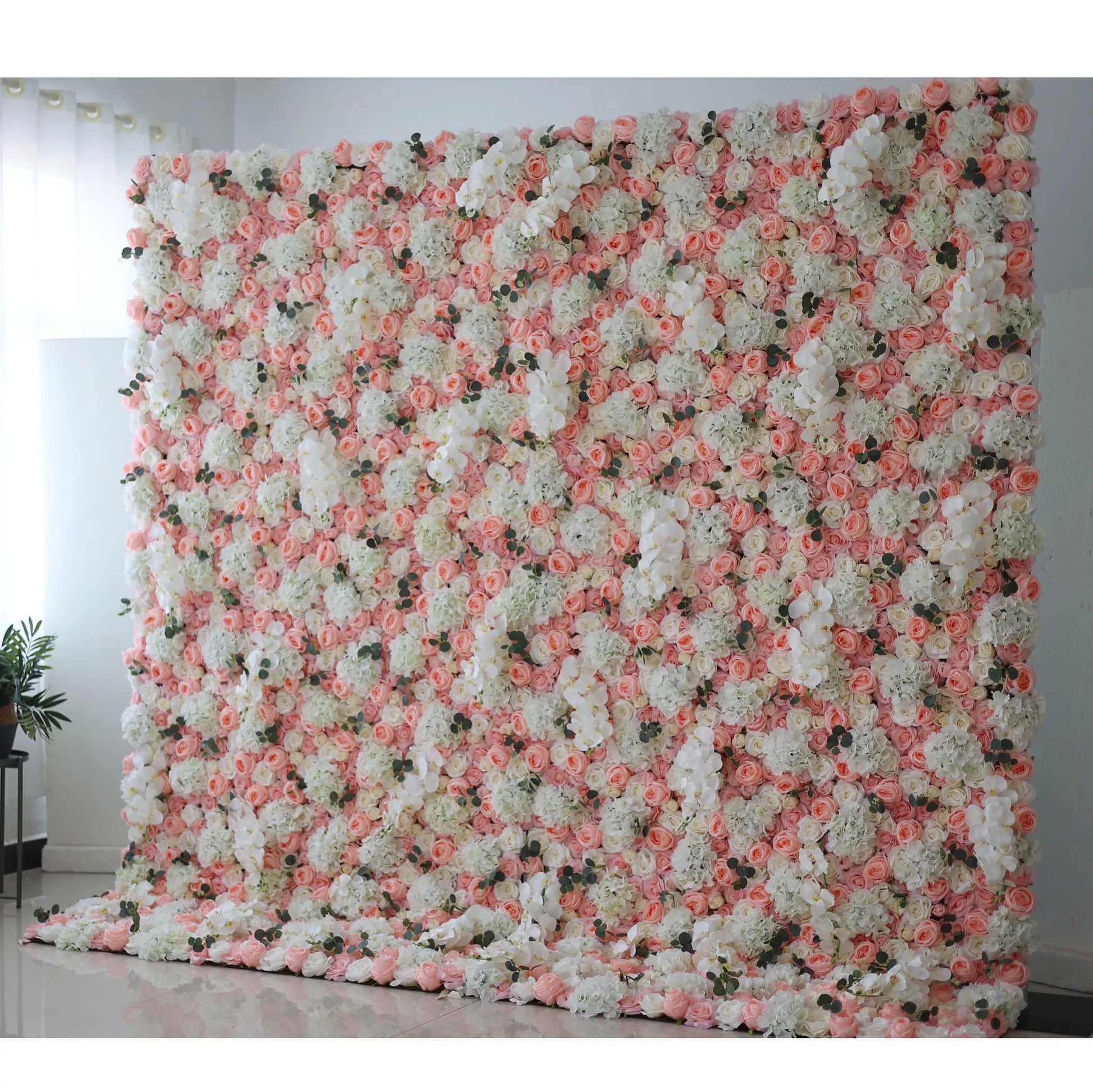 ValarFlowers artificial orchid and brandy rose flower wall with white roses, lush floral backdrop for wedding and event decor