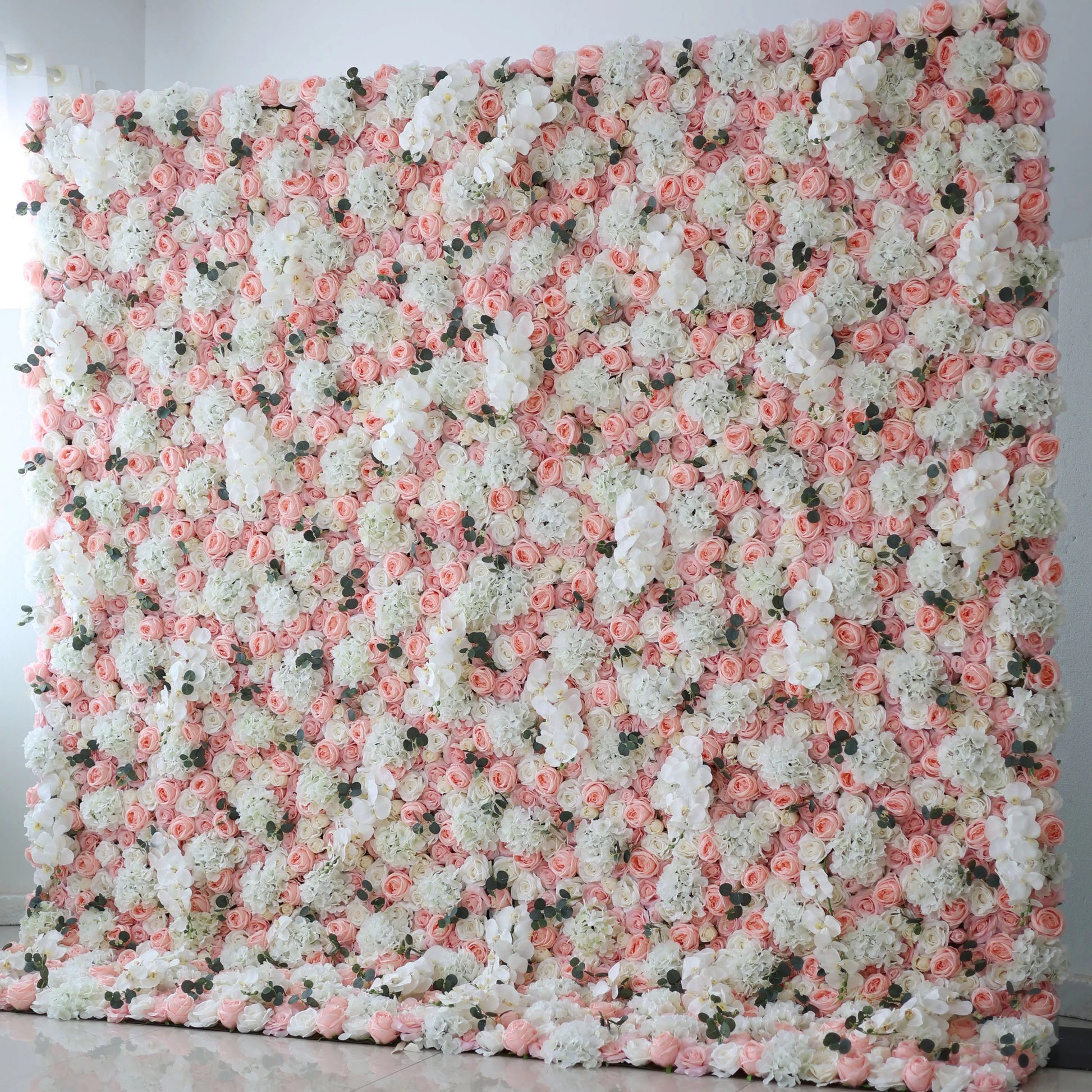 ValarFlowers faux flower wall backdrop featuring orchids brandy roses white roses for wedding ceremony party photo booth event decor