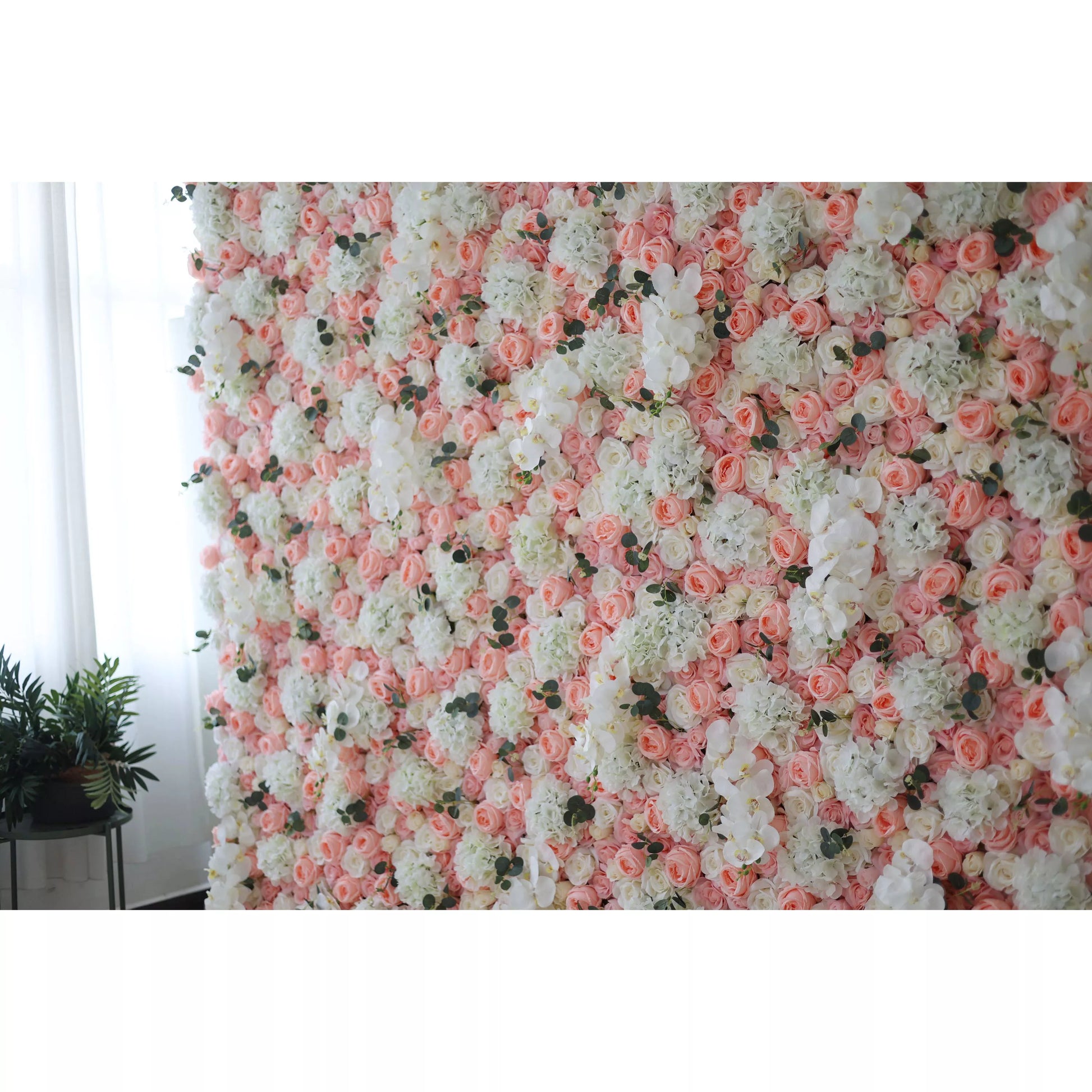 ValarFlowers faux flower wall backdrop with brandy rose white roses orchids, silk floral panel for wedding party photography decor