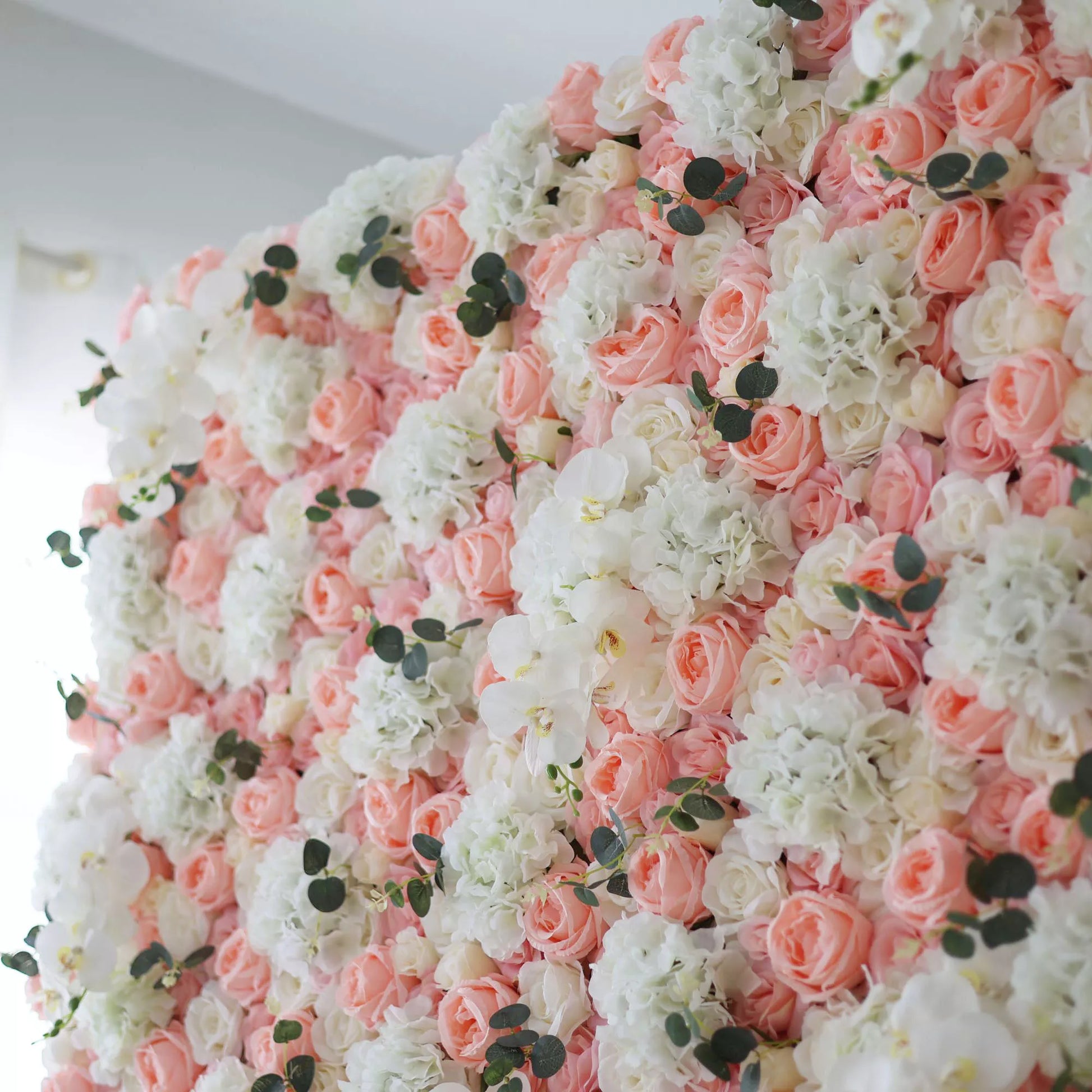 ValarFlowers faux flower wall with white roses and orchids for wedding backdrop, party decor, photo booth, event decoration
