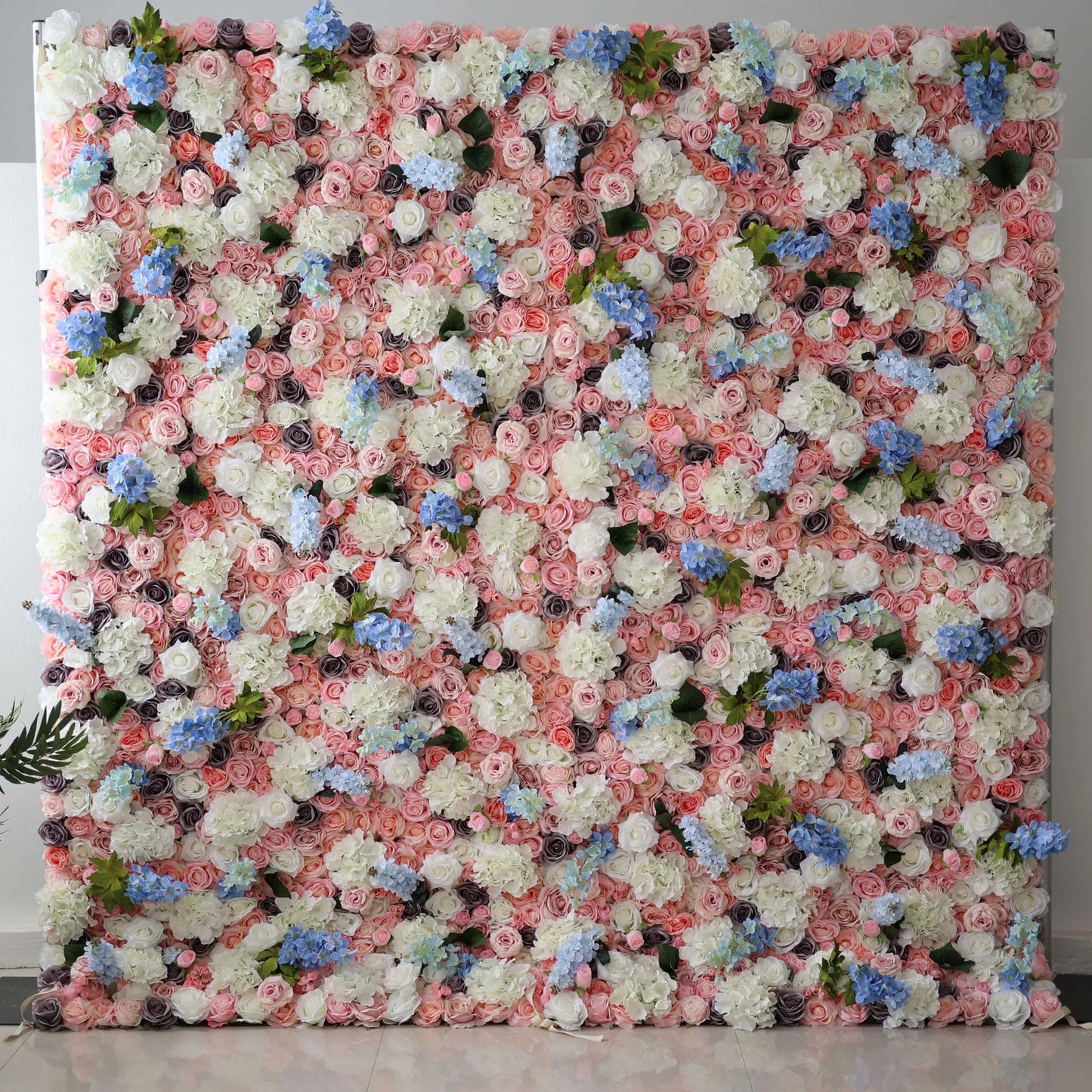 ValarFlowers artificial flower wall backdrop with lush pink roses, peonies and hydrangeas for wedding and event photography decor