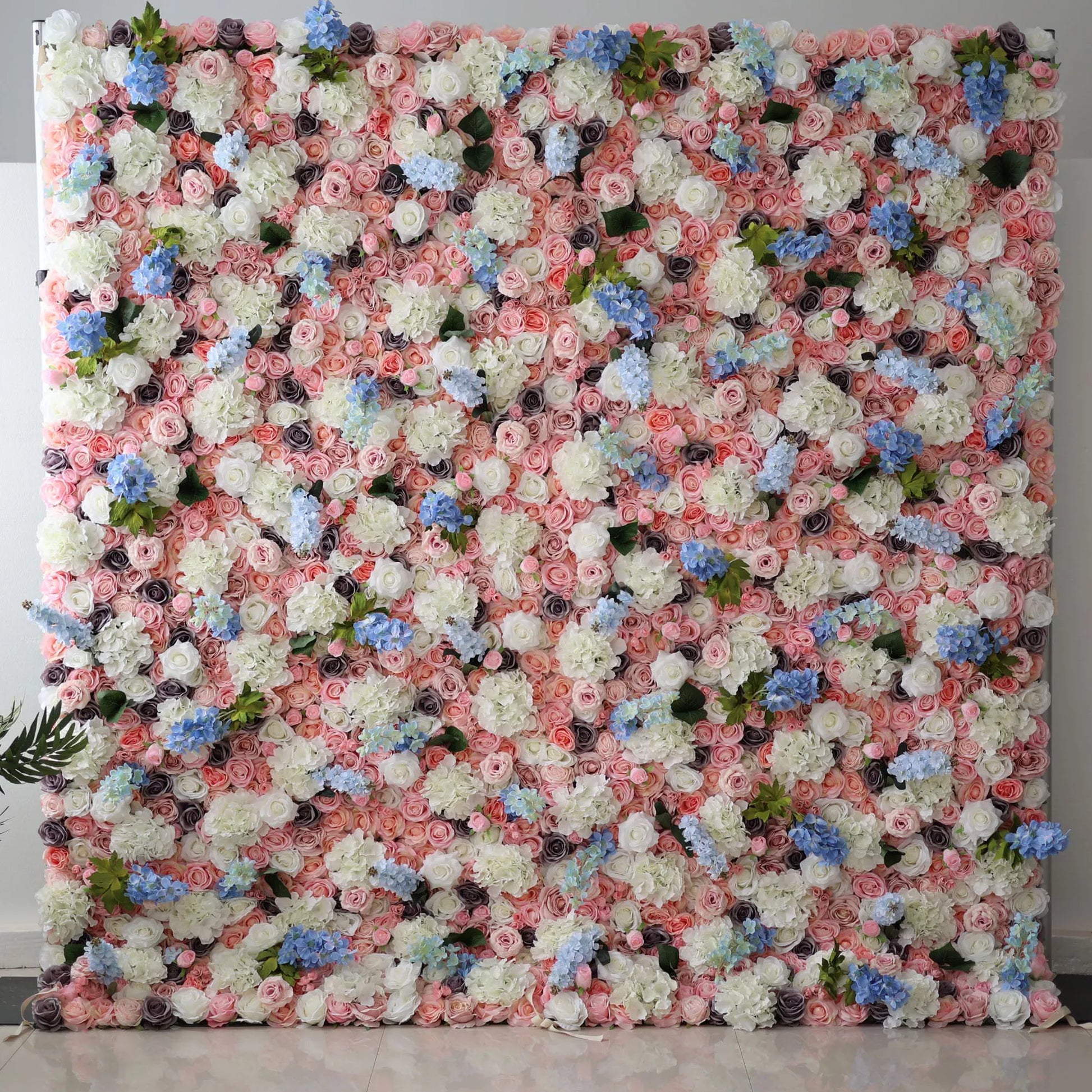 ValarFlowers artificial flower wall backdrop with lush pink roses, peonies and hydrangeas for wedding and event photography decor