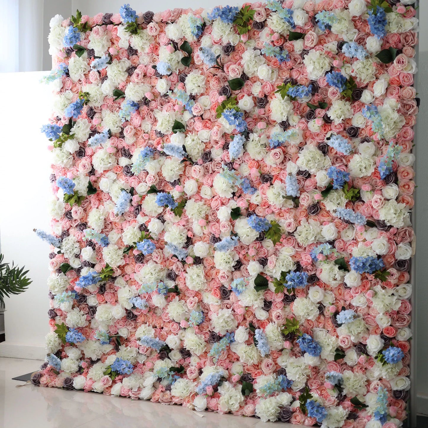 ValarFlowers faux flower wall backdrop with lush roses peonies hydrangeas in pink ivory for wedding party photo booth decor