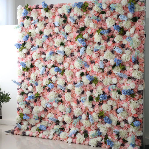 ValarFlowers faux flower wall backdrop with lush roses peonies hydrangeas in pink ivory for wedding party photo booth decor