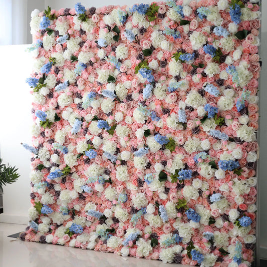 ValarFlowers faux flower wall backdrop with lush roses peonies hydrangeas in pink ivory for wedding party photo booth decor