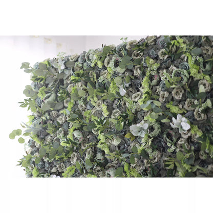 The image shows a lush, green wall adorned with a variety of flowers and foliage. The wall is densely covered with different types of green leaves and blooms, creating a rich and vibrant display. The flowers are interspersed among the greenery, adding pops of color to the overall green backdrop.