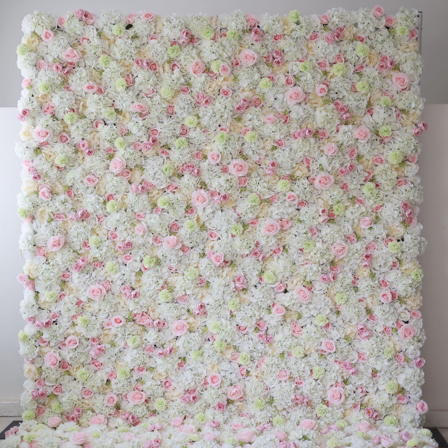 ValarFlowers artificial flower wall backdrop with lush roses peonies hydrangeas in pink white greenery for wedding event photo booth decor