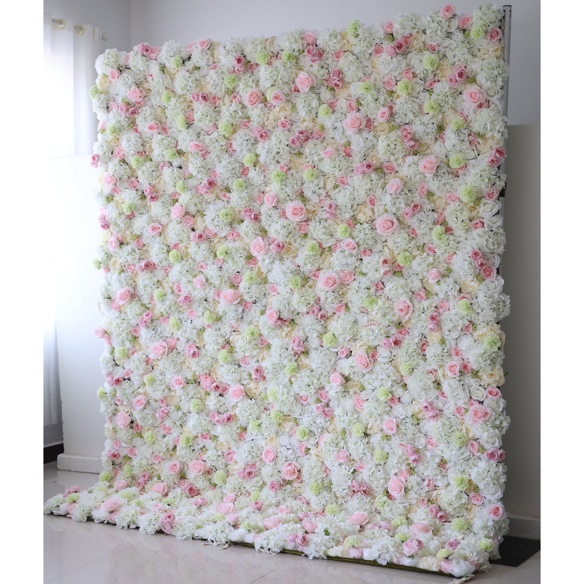 ValarFlowers artificial flower wall backdrop with lush peonies roses hydrangeas in blush pink ivory, dense floral arrangement for wedding ceremony photo booth party decor