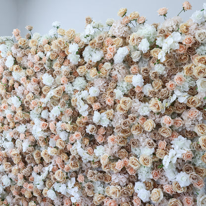 This image presents a dense, vibrant arrangement of artificial flowers in soft hues of beige, white, and light pink. The flowers, including roses and other blooms, are clustered tightly to form a lush, romantic floral tapestry. Set against a plain backdrop, the intricate petals and harmonious color palette create an elegant, charming scene, ideal for event decor or as a visually appealing artistic display.
