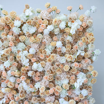 This image features a dense, vibrant arrangement of artificial flowers in soft hues of beige, white, and light pink. The flowers, including roses and other blooms, are clustered tightly to form a lush, romantic floral tapestry. Set against a plain backdrop, the intricate petals and harmonious color palette create an elegant, charming scene, ideal for event decor or as a visually appealing artistic display.
