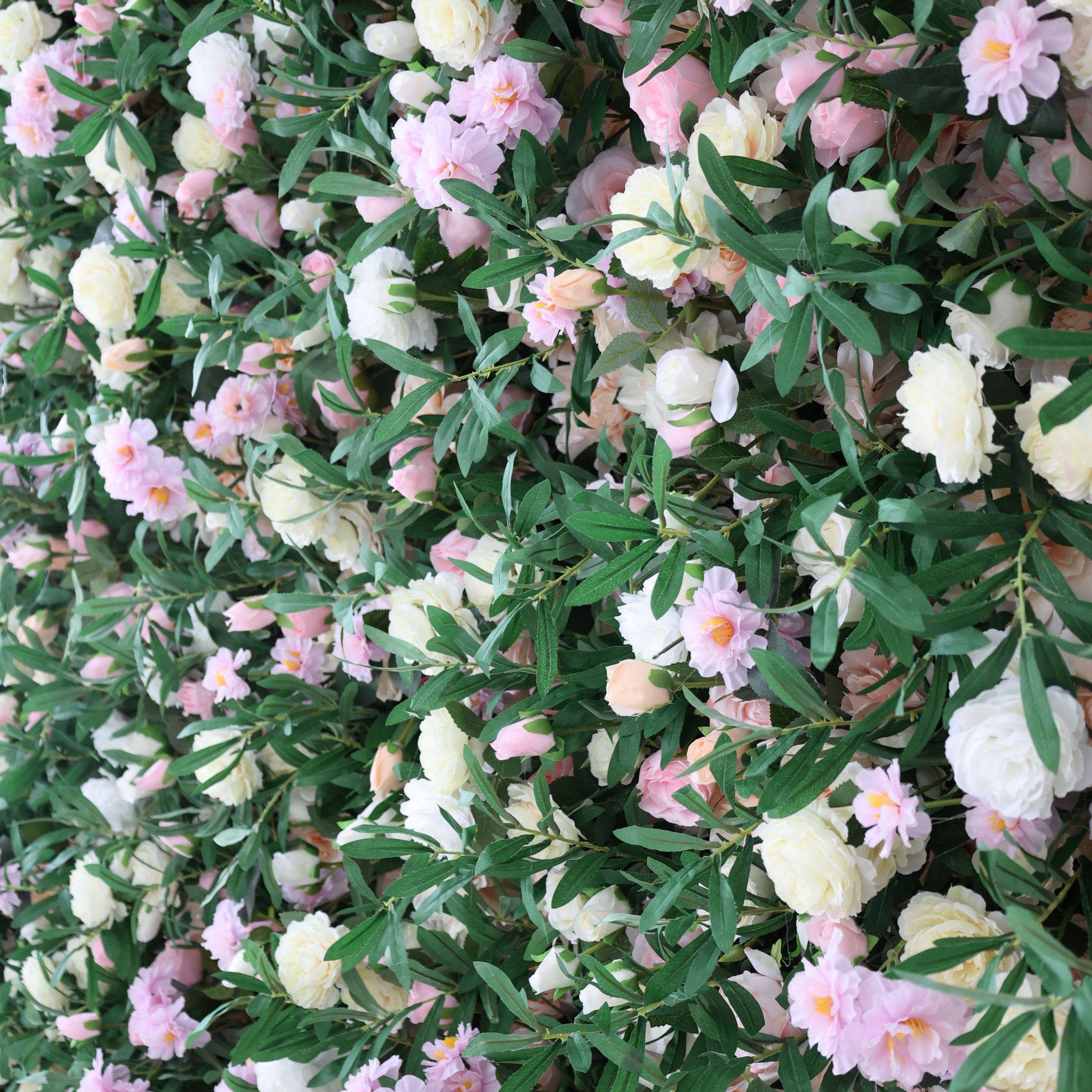 ValarFlowers artificial flower wall backdrop with lush peonies roses hydrangeas in soft blush pink ivory for wedding ceremony photo booth decor