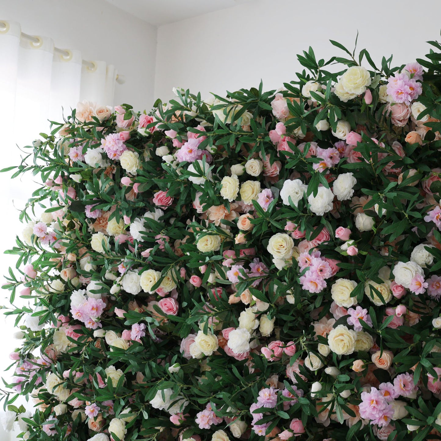ValarFlowers artificial flower wall backdrop with lush roses peonies hydrangeas in soft pink ivory, greenery fillers, luxury faux floral panel for wedding ceremony photo booth party decor