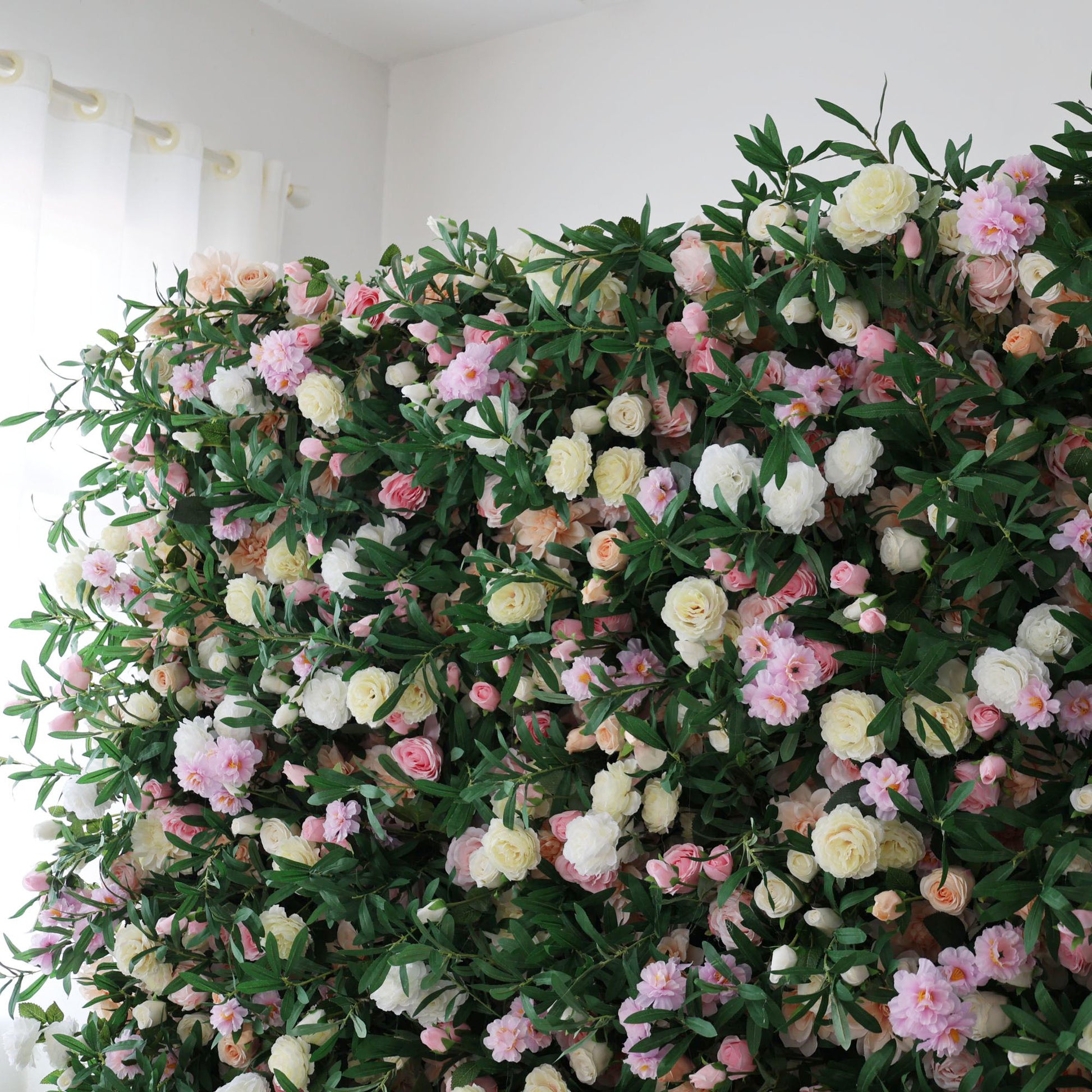 ValarFlowers artificial flower wall backdrop with lush roses peonies hydrangeas in soft pink ivory, greenery fillers, luxury faux floral panel for wedding ceremony photo booth party decor