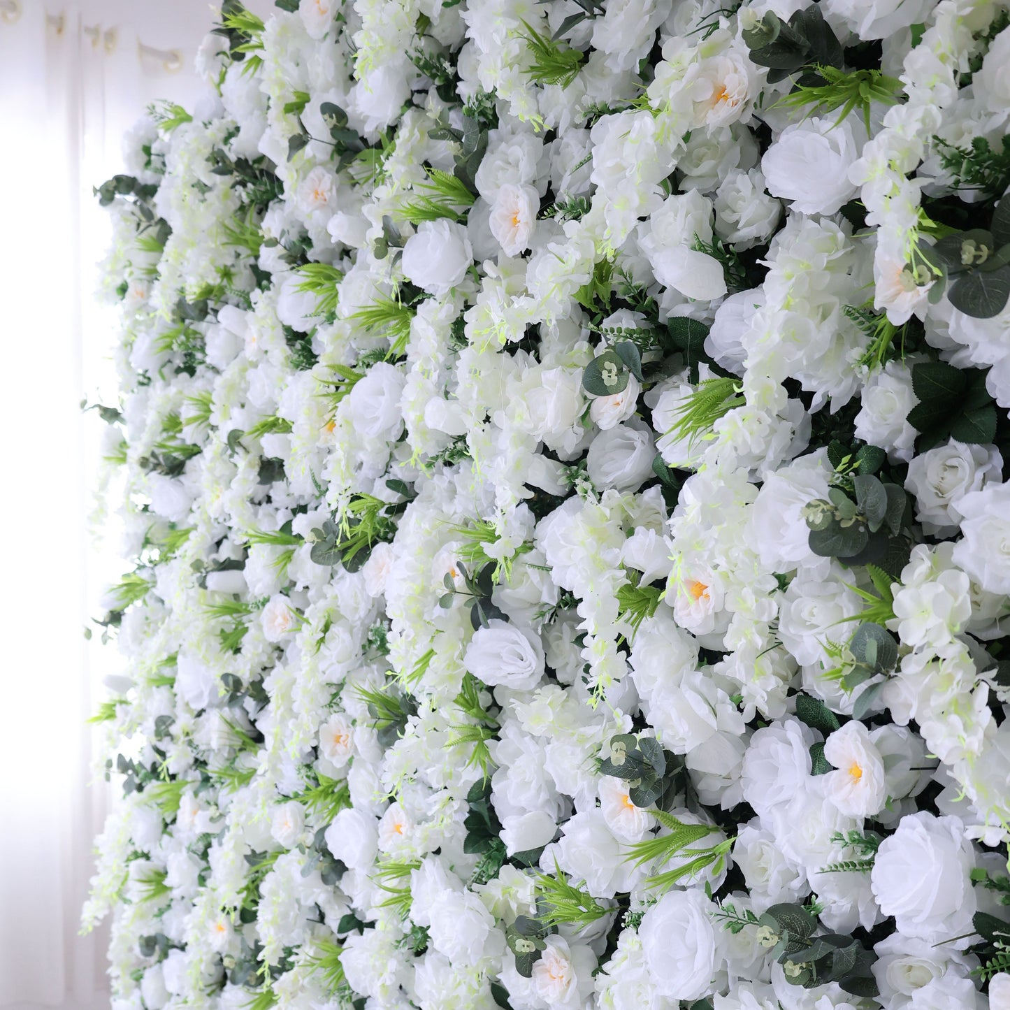 ValarFlowers artificial flower wall with lush roses peonies hydrangeas in pink white greenery, luxury wedding party photo booth backdrop decor